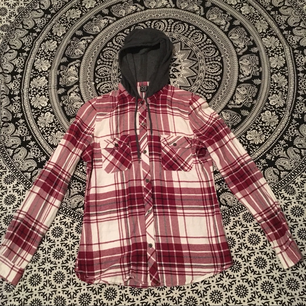 plaid button up shirt with hood
